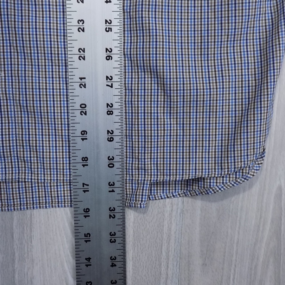 Peter Millar Nanoluxe Shirt Mens 17.5 Blue Brown Check Extra Long Button-Down - Picture 4 of 9